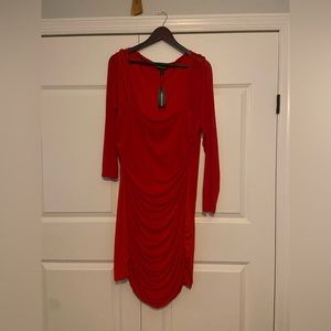 PLT Red Plus Mesh Square Neck Ruched Bodycon